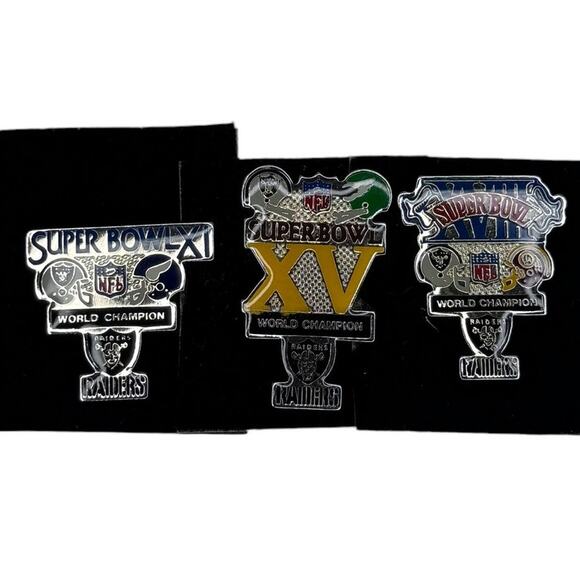 Super Bowl Pin Set of 3 - XI Raiders 1977 - XV Raiders 1981 - XVIII Raiders 1984 - Picture 1 of 10